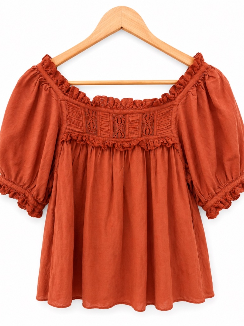 Doen Rust Peasant Blouse with Lace Trim - Women's Top - Picture 2 of 6